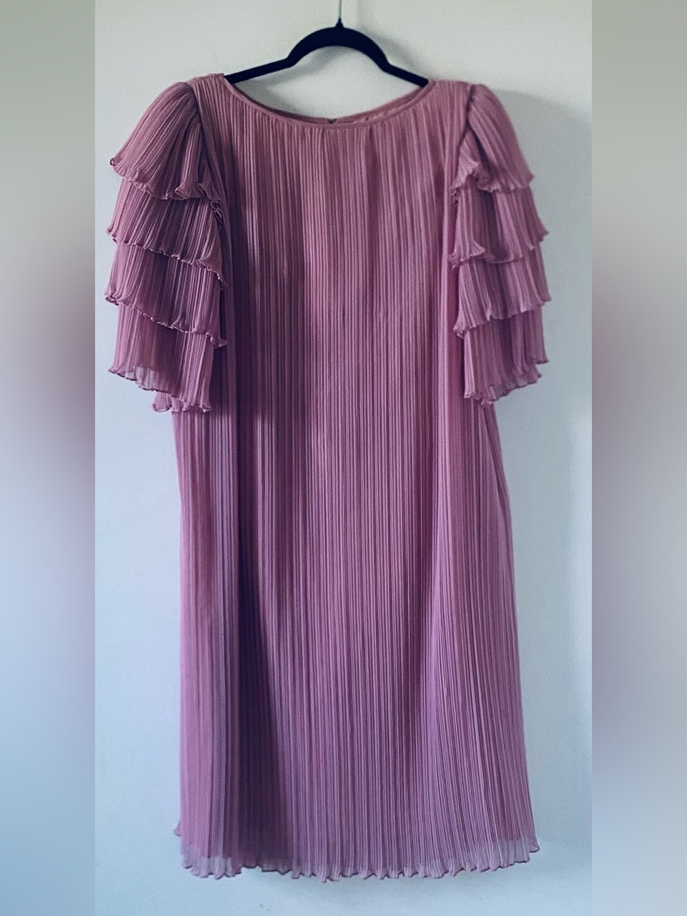 Vintage Dusty Rose Plisse Pleated Dress Tiered Ruffle Flutter Sleeve, Romantic